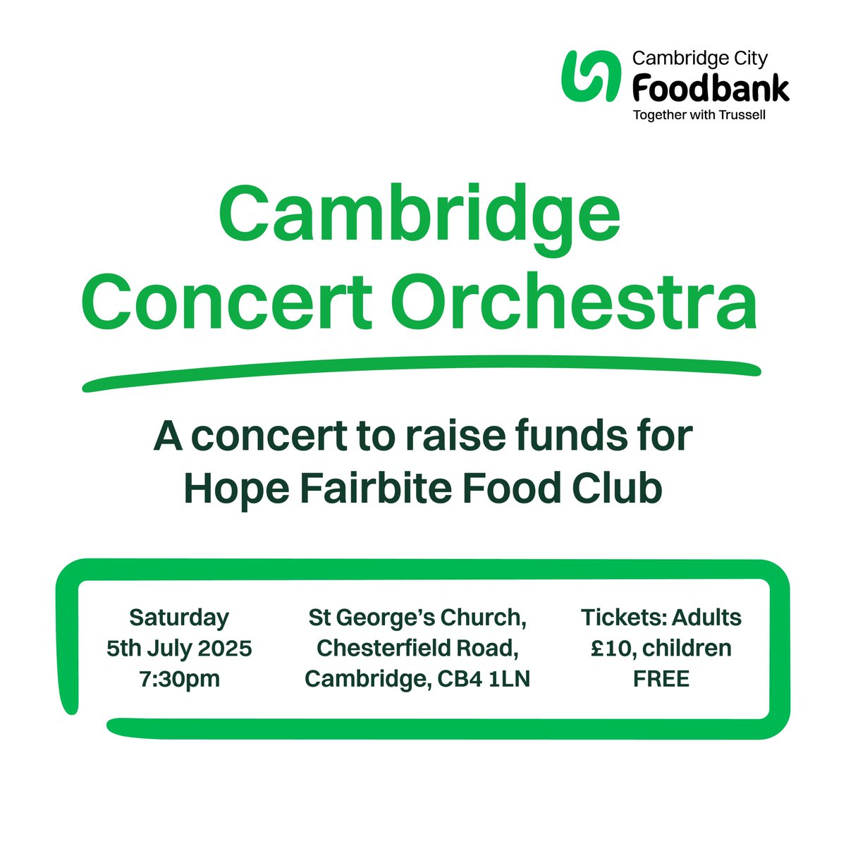 Join Cambridge Concert Orchestra on 5th July at St. George’s Church for a fundraiser for our Hope Fairbite Food Club 💚

If you want to support local musicians as well as the Foodbank, this could the event for you!

Get your ticket: cco.org.uk

#Cambridge #Foodbank