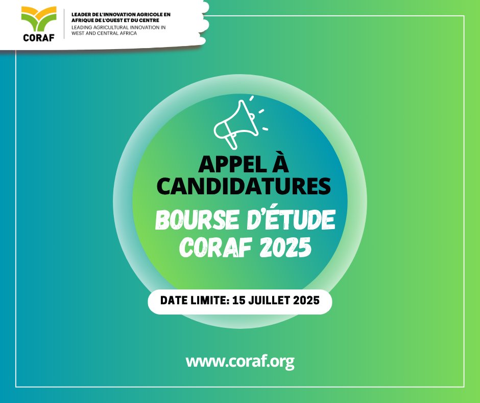 🎓#Bourses de doctorat – <a href="/CORAFNews/">CORAF</a> 2025
4⃣ bourses disponibles dans le cadre du #FSRP pour les jeunes chercheurs en Afrique de l’Ouest.
Êtes-vous engagé pour des systèmes alimentaires durables ? Saisissez cette opportunité!

Postulez avant le 15/07/25
🔗 bit.ly/4kMeBfD