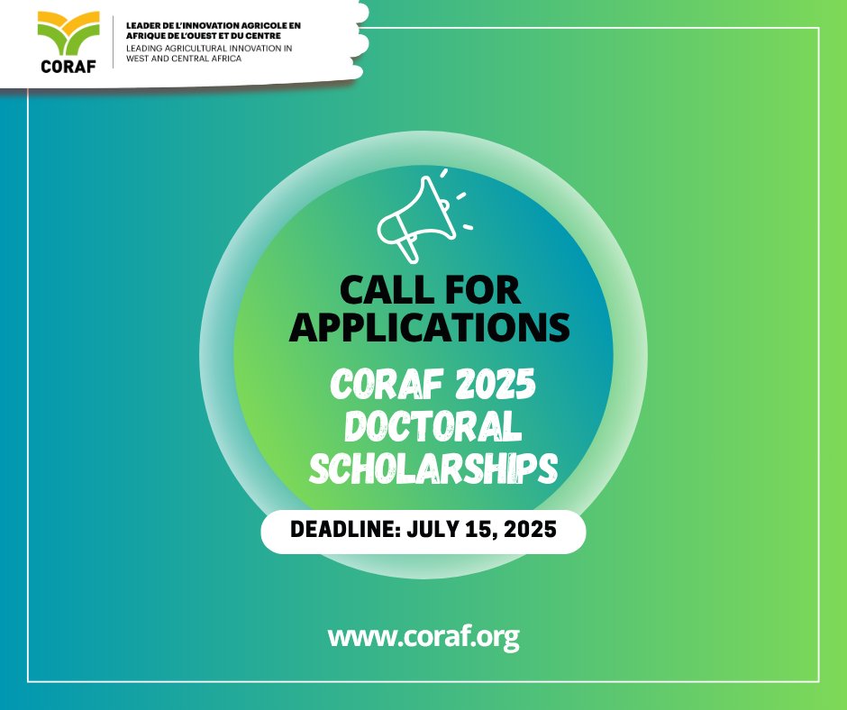 CORAF (@corafnews) on Twitter photo 🎓 PhD #Scholarships – <a href="/CORAFNews/">CORAF</a> 2025
4 scholarships available under the #FSRP for young #researchers in West Africa.
🌱 Are you committed to sustainable food systems? This #opportunity is for you!
📩 Apply Now by July 15, 2025.
🔗 Info: bit.ly/4kMeBfD 🎓 PhD #Scholarships – <a href="/CORAFNews/">CORAF</a> 2025
4 scholarships available under the #FSRP for young #researchers in West Africa.
🌱 Are you committed to sustainable food systems? This #opportunity is for you!
📩 Apply Now by July 15, 2025.
🔗 Info: bit.ly/4kMeBfD