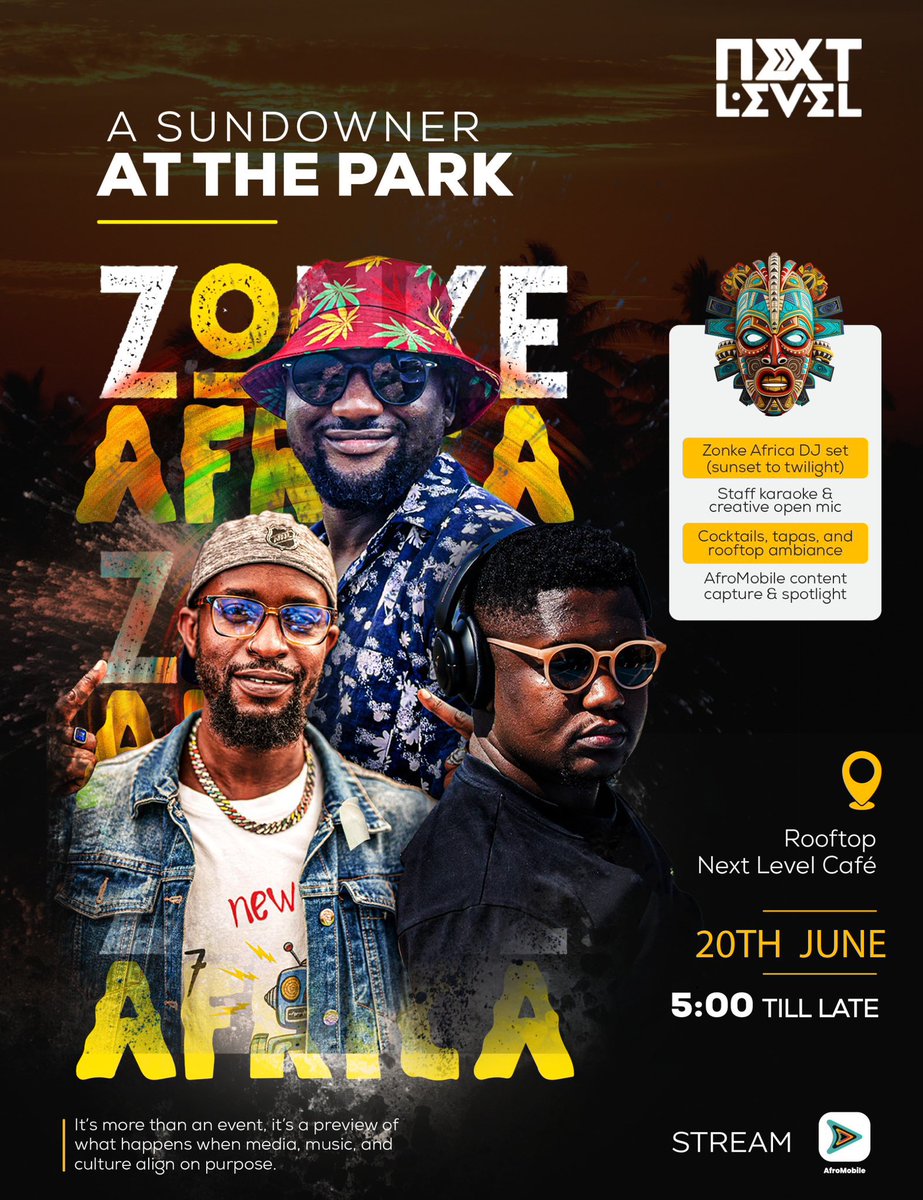 Mushrm (@mushroominc) on Twitter photo Zonke Pop-Up Party hits Next Media Park, Naguru this Friday, 5 PM till late! A fierce Afro House takeover with <a href="/Kamali_21/">Amooti Rénzél 🐺</a>, <a href="/FelixDonBash/">Hard Guy</a>, and <a href="/Count_Melvin/">Mwami Kiyimba</a> spinning deep grooves and high energy beats for true vibe seekers.
—@Zone_Africa_ Zonke Pop-Up Party hits Next Media Park, Naguru this Friday, 5 PM till late! A fierce Afro House takeover with <a href="/Kamali_21/">Amooti Rénzél 🐺</a>, <a href="/FelixDonBash/">Hard Guy</a>, and <a href="/Count_Melvin/">Mwami Kiyimba</a> spinning deep grooves and high energy beats for true vibe seekers.
—@Zone_Africa_