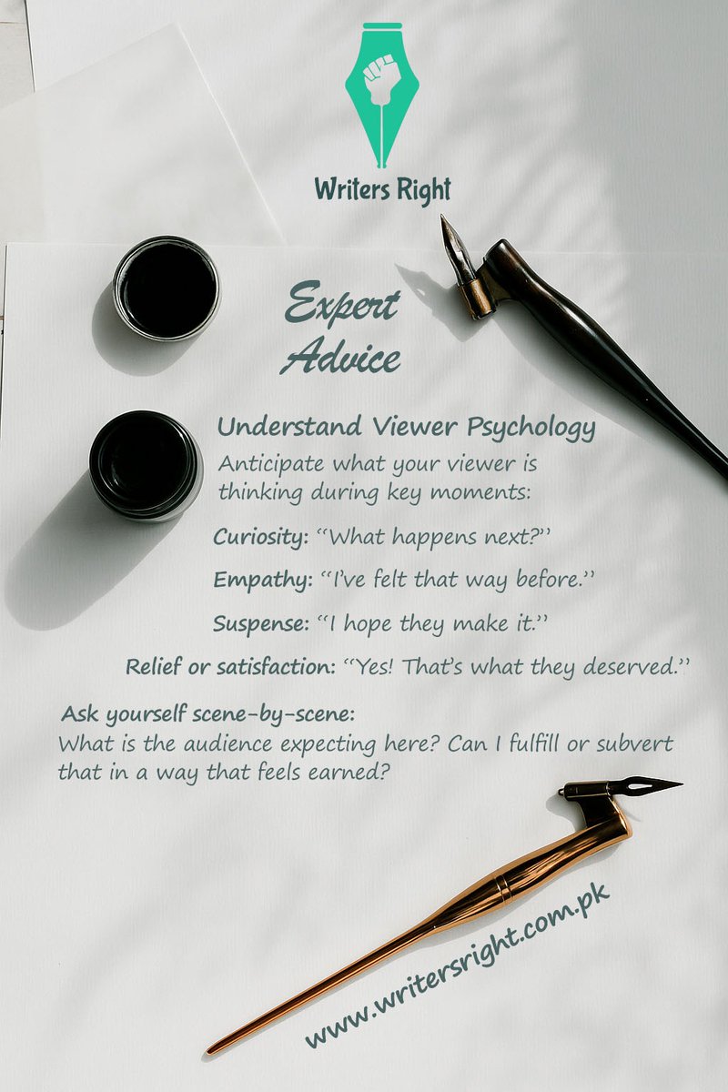 WritersRightPK's tweet image. Want to write better scripts? 🎬
Understand what your viewer feels at every beat:
🤔 Curiosity: &quot;What happens next?&quot;
💔 Empathy: &quot;I’ve felt that.&quot;
😰 Suspense: &quot;Hope they make it.&quot;
🙌 Satisfaction: &quot;Yes!&quot;
💡 Always write with their mind in yours

#ScriptWritingTips #ExpertAdvice