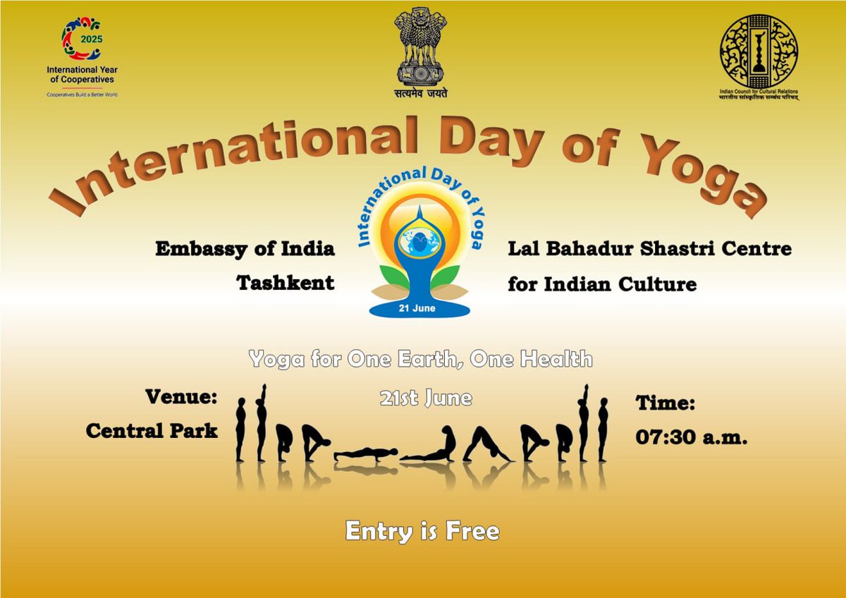 India in Uzbekistan (@amb_tashkent) on Twitter photo Join us for the International Day of Yoga (IDY) 2025 on June 21st at 07:30 AM at Central Park (formerly Telman Park), Tashkent #IDY2025 #YogaForOneEarthOneHealth #Yogaforall
<a href="/MEAIndia/">Randhir Jaiswal</a>
<a href="/PMOIndia/">PMO India</a>
<a href="/iccr_hq/">ICCR</a>
<a href="/iccr_tashkent/">ICCR in Uzbekistan</a>
<a href="/moayush/">Ministry of Ayush</a>
<a href="/SabineMachl/">Sabine Machl</a> Join us for the International Day of Yoga (IDY) 2025 on June 21st at 07:30 AM at Central Park (formerly Telman Park), Tashkent #IDY2025 #YogaForOneEarthOneHealth #Yogaforall
<a href="/MEAIndia/">Randhir Jaiswal</a>
<a href="/PMOIndia/">PMO India</a>
<a href="/iccr_hq/">ICCR</a>
<a href="/iccr_tashkent/">ICCR in Uzbekistan</a>
<a href="/moayush/">Ministry of Ayush</a>
<a href="/SabineMachl/">Sabine Machl</a>