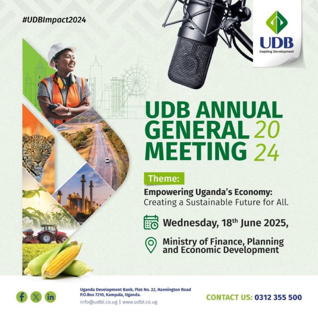 Baram (@barambyansi_) on Twitter photo The Uganda Development Bank,
<a href="/UDB_Official/">Uganda Development Bank Ltd</a> is hosting its 2024 Annual General Meeting under the theme:
“Empowering Uganda’s Economy: Creating a Sustainable Future for All.”
Stay tuned and follow the conversation via #UDB_AGM2025 for live updates and key highlights. The Uganda Development Bank,
<a href="/UDB_Official/">Uganda Development Bank Ltd</a> is hosting its 2024 Annual General Meeting under the theme:
“Empowering Uganda’s Economy: Creating a Sustainable Future for All.”
Stay tuned and follow the conversation via #UDB_AGM2025 for live updates and key highlights.