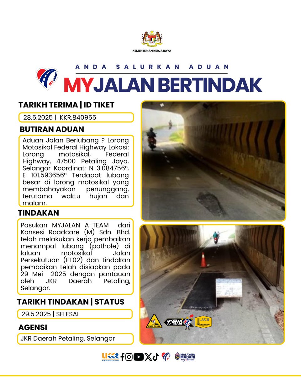 Kementerian Kerja Raya Malaysia (@moworksmy) on Twitter photo Anda Salurkan Aduan, MYJalan Bertindak!
Pasukan MYJALAN A-TEAM dari Konsesi <a href="/Roadcare_HQ/">ROADCARE (M) SDN BHD</a> telah melakukan kerja pembaikan menampal lubang di laluan motosikal Jalan Persekutuan (FT02) dan pada 29 Mei 2025 dengan pantauan oleh JKR Daerah Petaling, Selangor
#KKR
#JKR
#MYJalan Anda Salurkan Aduan, MYJalan Bertindak!
Pasukan MYJALAN A-TEAM dari Konsesi <a href="/Roadcare_HQ/">ROADCARE (M) SDN BHD</a> telah melakukan kerja pembaikan menampal lubang di laluan motosikal Jalan Persekutuan (FT02) dan pada 29 Mei 2025 dengan pantauan oleh JKR Daerah Petaling, Selangor
#KKR
#JKR
#MYJalan