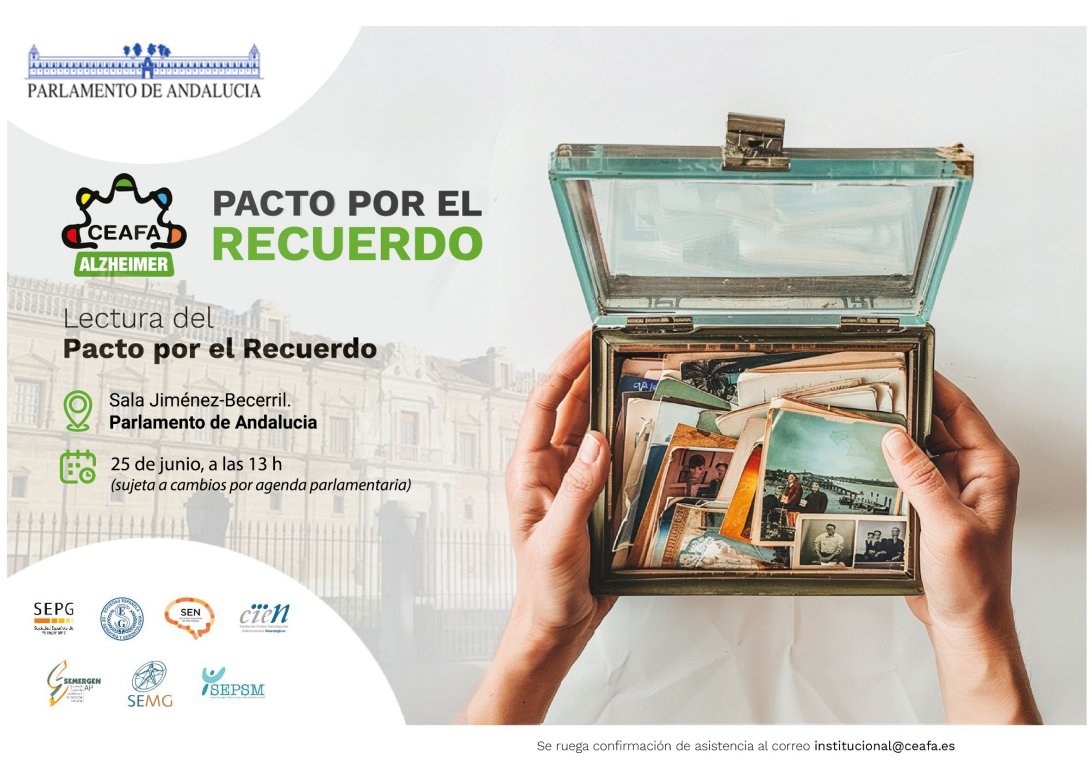 #PactoPorElRECUERDO | Apunta la fecha: 25 de junio🗓️a las 13 horas en el <a href="/ParlamentoAnd/">Parlamento Andalucía</a>. Nos acompañarán estas sociedades científicas
<a href="/Psicogeriatras/">Sociedad Española de Psicogeriatría (SEPG)</a> <a href="/SEMG_ES/">SEMG 🩺 #OrgullososDeEstarALaCabecera👩‍⚕️👨‍⚕️</a> <a href="/seneurologia/">SEN</a> <a href="/SEPsiq/">SEPSM</a>
<a href="/seggeriatria/">SEGG</a> <a href="/SEMERGENap/">SEMERGEN | Médicos de AP</a> Inscríbete en institucional@ceafa.es #Alzheimer
