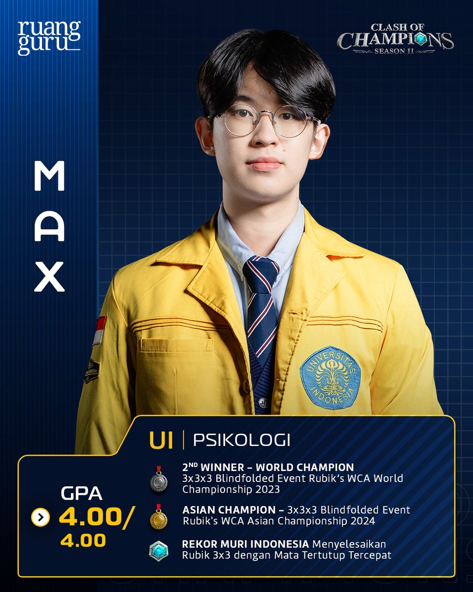 ruangguru's tweet image. ✨ Max (IG: max3bld) / UI / Ilmu Psikologi

- 2nd Winner - World Champions 3x3x3 Blindfolded Event Rubik's WCA World Championship 2023
- Asian Champion 3x3x3 Blindfolded Event Rubik's WCA Asian Championship 2024 
- Rekor MURI Indonesia menyelesaikan Rubik 3x3 dengan Mata Tertutup…