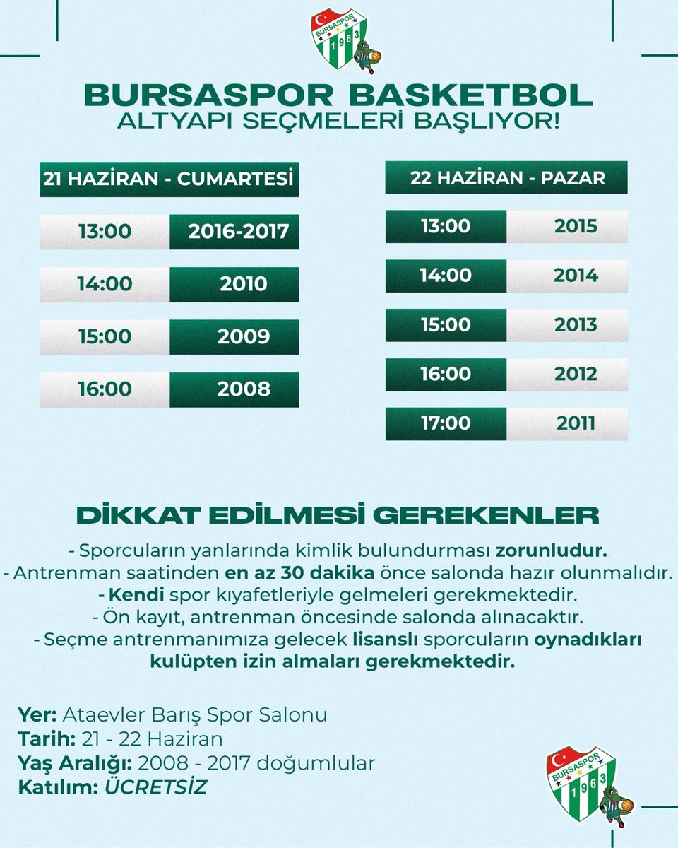 🟢⚪️  Bursaspor Basketbol Altyapı Seçmeleri Başlıyor!

21 Haziran Cumartesi-22 Haziran Pazar tarihlerinde Ataevler Barış Spor Salonu’nda gerçekleştirilecek seçmeler hakkında detaylı bilgi almak için ⤵️

📞 0539 842 82 52 | 0537 036 71 00