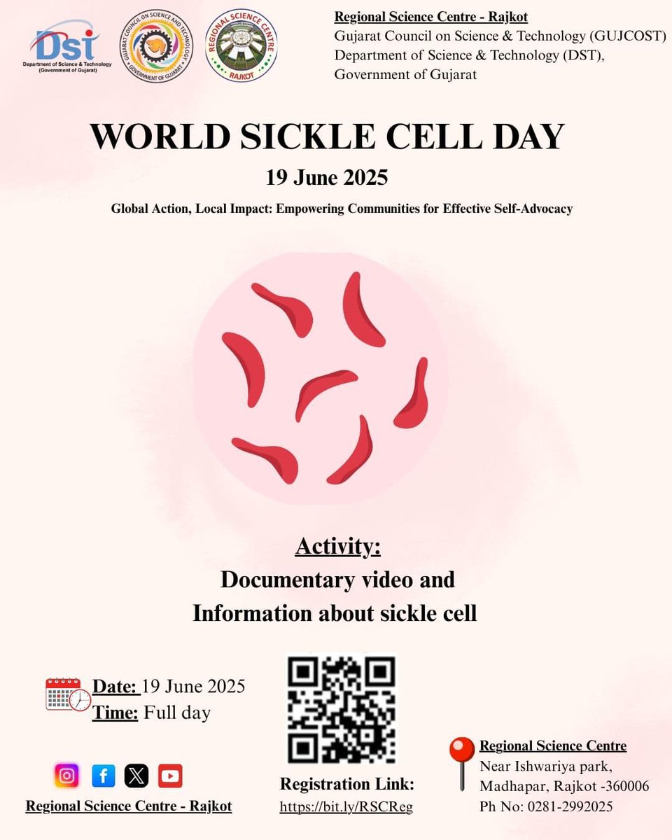 <a href="/RSCRajkot/">Regional Science Centre - Rajkot</a> Celebrated #worldsickleday with Documentary videos &amp; Information about Sickle Cell Disease is a genetic blood disorder that causes red blood cells to become rigid and shaped like a sickle.