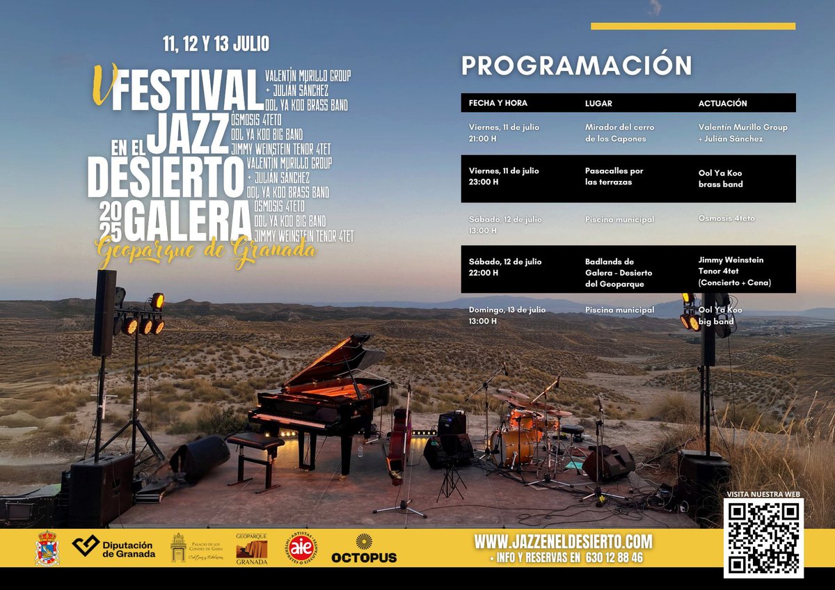 ¡Llega el #JazzEnElDesierto a Galera!
📅 11 julio: 21:00h Valentín Murillo Group y 23:00 h Ool Ya Koo brass band.
📅 12 julio: 13:00h Ósmosis 4tet y 22:00 h Jimmy Weinstein Tenor 4tet.
📅 13 julio: 13:00h Ool Ya Koo big band.
¡Vive la música en el Geoparque! #Granadallenadevida
