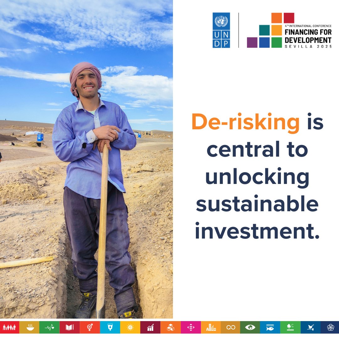 UNDP_SDGFinance's tweet photo. 💡De-risking is key to unlocking sustainable investment.

@UNDP is working with governments to help reduce climate &amp; non-climate risk &amp; build resilience by:

✅Strengthening public finance
✅Developing insurance solutions
✅Supporting tax reform &amp; climate finance

#FFD4 https://t.co/VKDLLqyb5o