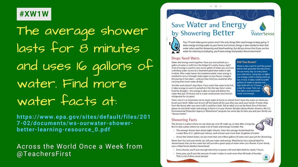 TeachersFirst's tweet image. 🧼🫧 The average shower 🚿 lasts for 8 minutes and uses 16 gallons of water. Find more water facts at  bit.ly/4ahLHhW #XW1W #TeachSDGs #K12 #SDG6