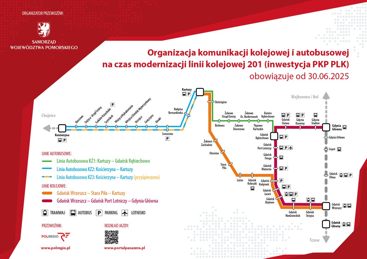 UWAGA!
Od 30.06.2025 r. duże zmiany dla pasażerów korzystających z połączeń kolejowych do Kartuz i Kościerzyny, związane z modernizacją i elektryfikacją LK 201 prowadzoną przez <a href="/PKP_PLK_SA/">PLK SA</a>.
Oficjalny komunikat <a href="/PomorskieEU/">Samorząd Województwa Pomorskiego</a> :
pomorskie.eu/modernizacja-l…