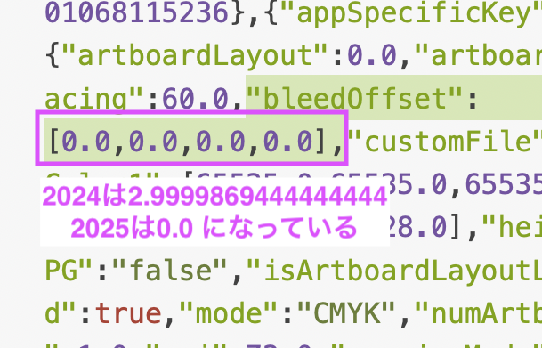 Illustrator 2025で「印刷」プリセットの塗りたしが「3」から「0」になってしまったのは、PreferenceにあるPresetDocumentProfile内のbleedOffsetの値が0にされてしまったからのようですね……2024と同じ「2.9999…」に置き換えると「3mm」に戻りました。早々に直してほしい〜。