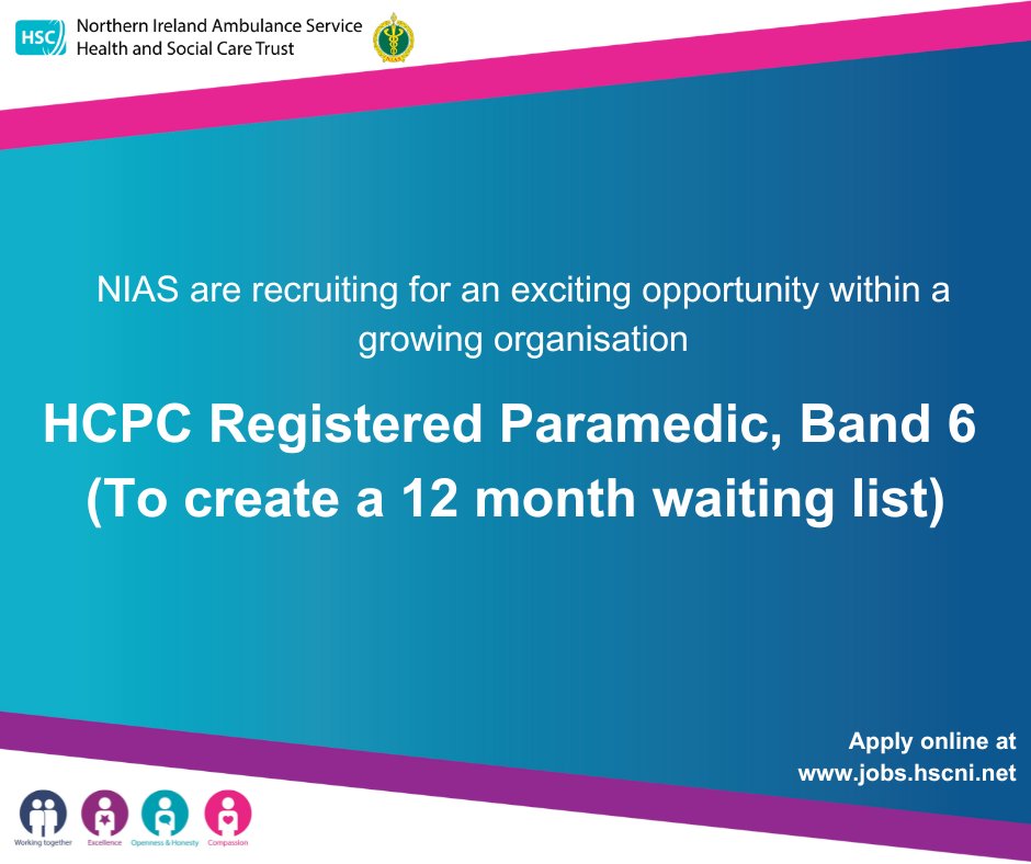 Closing date is 27 June 2025 at 6pm:

🔹 HCPC Registered Paramedic, Band 6
🔗 Apply online at: jobs.hscni.net/Job/41729/nias…
