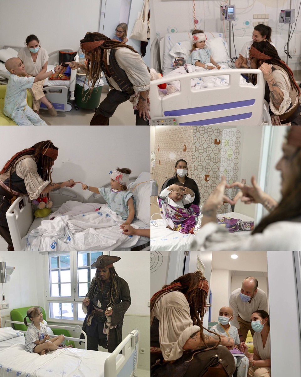 Johnny Depp visiting a children’s hospital today in Madrid as Captain Jack Sparrow. this man has the most beautiful heart