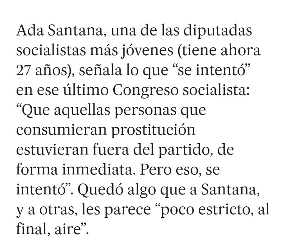 Los partidos políticos deben tomar medidas contra la corrupción, pero también contra aquellos que incumplen con los valores y la ética del partido, como es para el #PSOE el feminismo y la lucha por la abolición de la prostitución. 

Creo firmemente en ello y no me escondo. Es