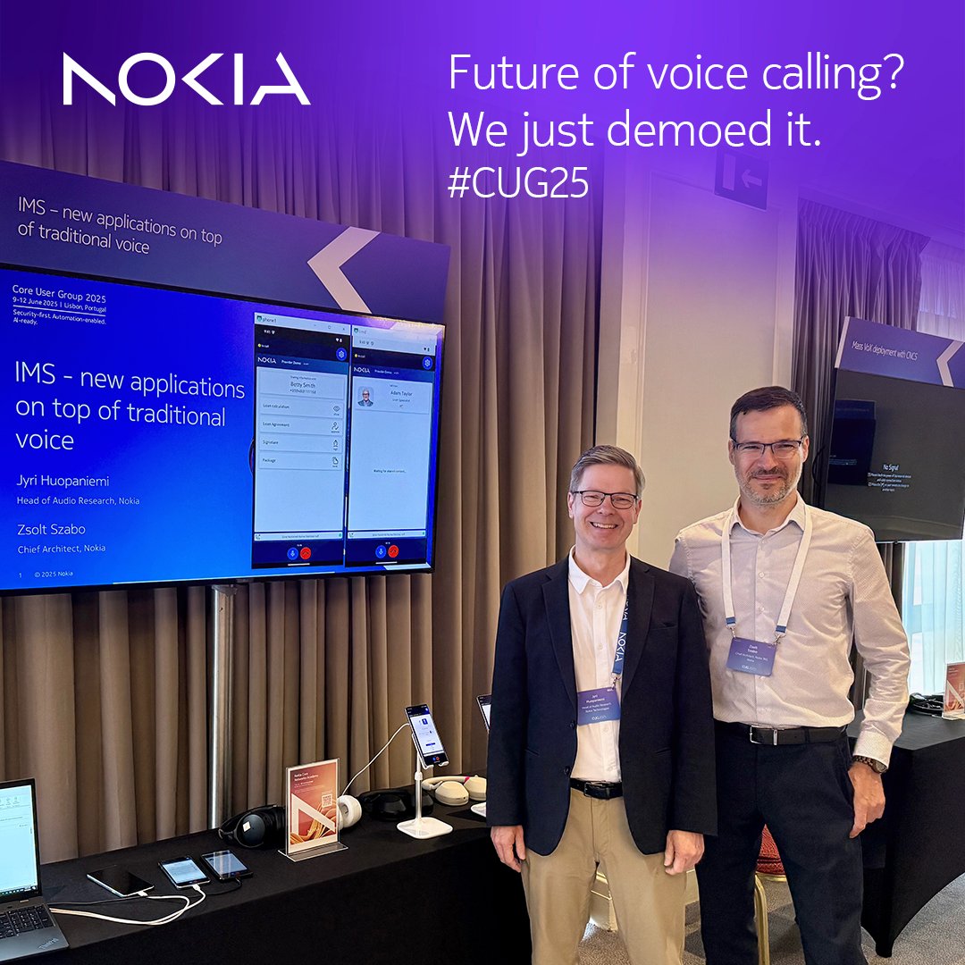 NokiaAudioTech's tweet image. The future of voice calls? We just demoed it. 

At #CUG25 in Lisbon, we went live and fully integrated with: 

✨ 3GPP IVAS – immersive, crystal-clear voice 

📡 3GPP IMS Data Channel – share content during calls 

A world-first over real IMS. Huge thanks to everyone involved! 🙌