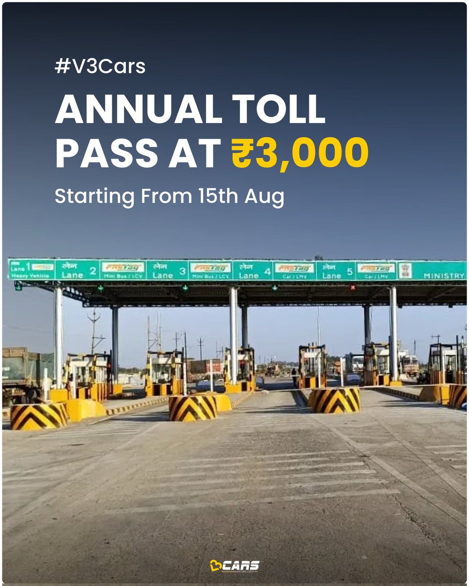 🚗💥 BIG UPDATE for Car Owners!

From 15th August 2025, get your #FASTag Annual Pass at just ₹3,000!
✅ Valid for 1 year or 200 trips — whichever comes first!
Time to drive smarter, not costlier! 💳🛣️

#TollPass #FASTagUpdate #TravelIndia #V3Cars #DigitalIndia #EaseOfTravel