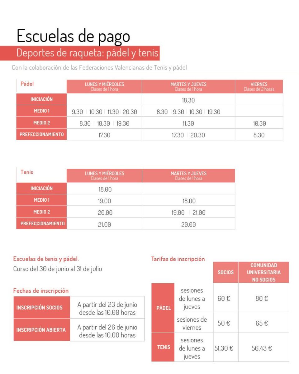 🎾 ¡Ya disponible la info de las Escuelas de Raqueta UPV – Julio 2025!

Tenis y pádel 🎾☀️

📌 Grupos por niveles

📲 Actividad de pago · Plazas limitadas

🔗 Más info e inscripciones: upv.es/entidades/ad/2…

#DeporteUPV #RaquetaUPV #VeranoUPV