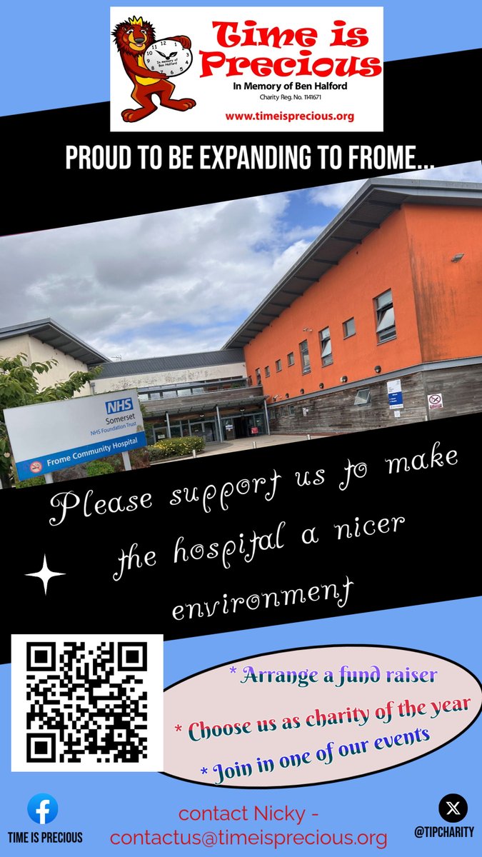#excited to announce <a href="/tipcharity/">Time is Precious</a> is expanding to support #Frome hospital. 
We would love businesses, groups, schools etc to get in contact &amp; support us.
