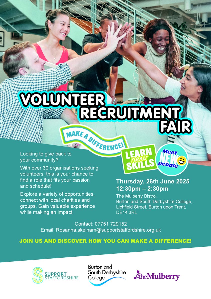 Come along to the Volunteer Recruitment Fair on Thursday 26th June from 12:30 PM to 2:30 PM and discover how you can make a difference. 🌟

 #VolunteerFair #VolunteerOpportunities