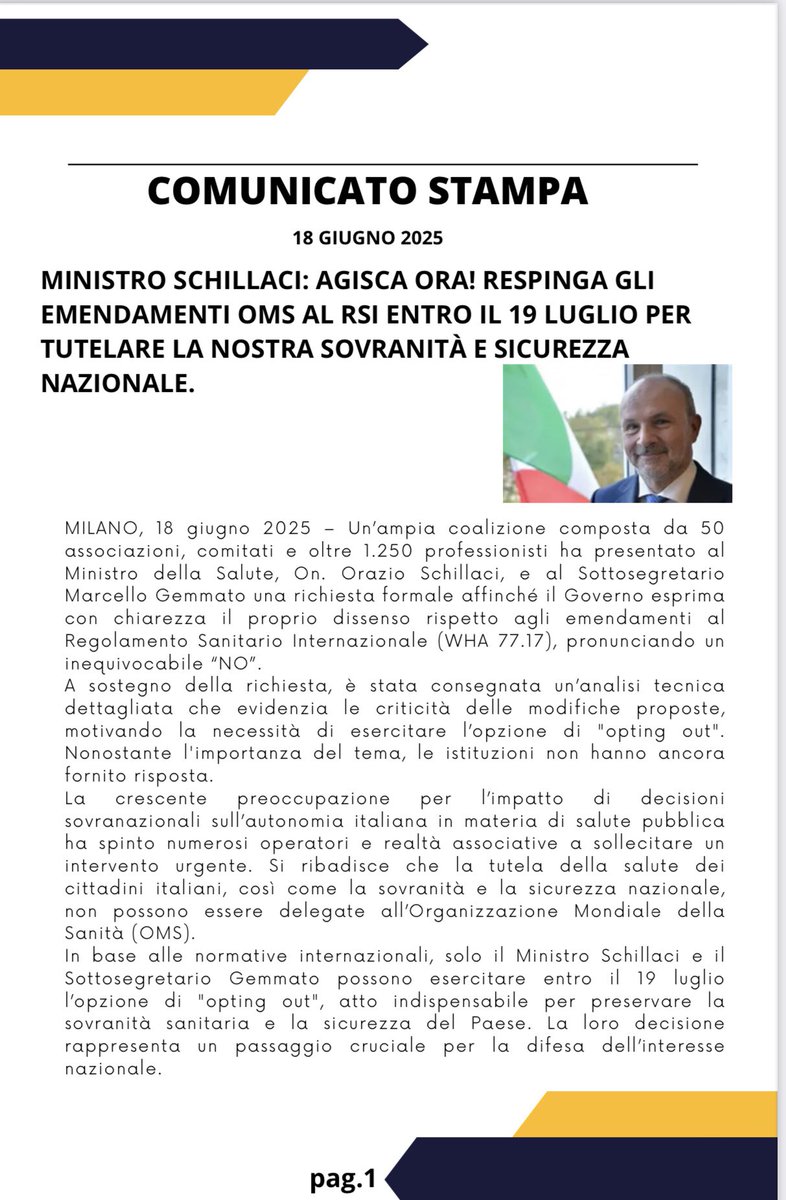 CathVoicesITA's tweet image. “Schillaci dica no al RSI dell’#OMS”. 
Una coalizione chiede al Ministro di pronunciarsi contro gli emendamenti al Regolamento sanitario internazionale: “non possiamo cedere la nostra libertà sanitaria e la sicurezza dell’Italia a un organismo sovranazionale.”

Sarà ascoltata?