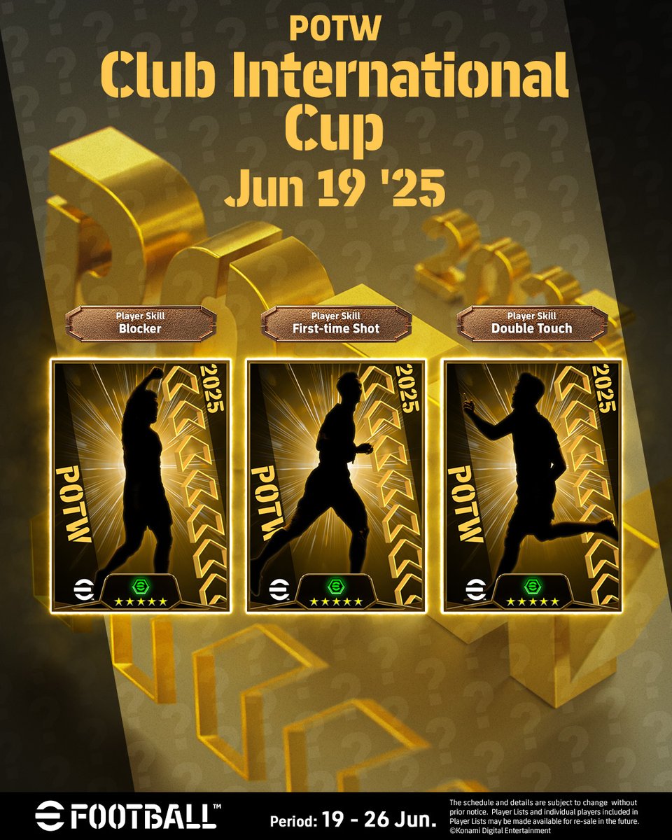 THIS WEEKS #EFOOTBALL #POTW LANDS TOMORROW! 🎉

11 players will be available, but we've pulled back the curtain on 3 of those who are taking part in the Club International Cup! 🏆

With boosters and 3 different player skills, do you know who they are? 🤔