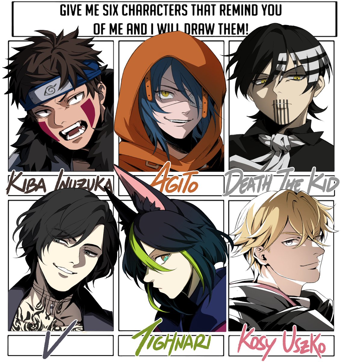 kiba inuzuka | agito | death the kid
v | tighnari | kosy uszko
#SixFanarts