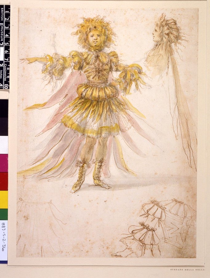 Design for the costume of Sole (Apollo) for the prologue of Francesco Cavalli's opera Hipermestra performed at the Teatro della Pergola, Florence #otd 18 June 1658. Stefano della Bella  (British Museum)