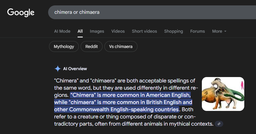 Discorded6's tweet photo. @thisisnotrbn @Ruka_lab Both are correct, chimera and chimaera

Both are correct, just like Color and Colour

4F4EDcAuatBT6VqaG5Wb3T1H1Po5fLU5cxHgAXU5pump https://t.co/1lY54yHLBN