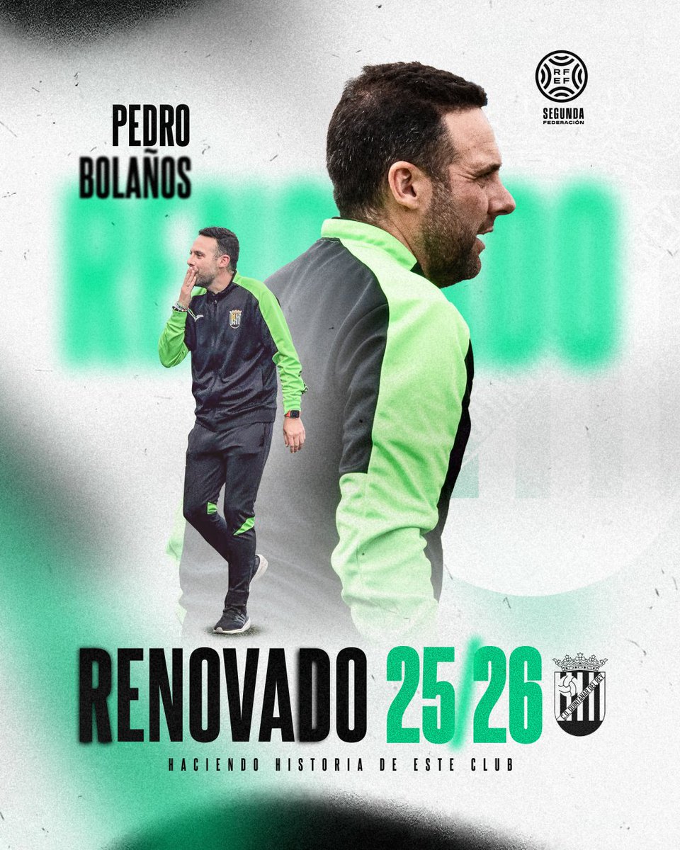RE-NO-VA-DO 💚 <a href="/PedroBolanos23/">PEDRO BOLAÑOS</a> 
Nos complace anunciar que Pedro Bolaños continuará al frente de nuestro primer equipo  tras su excelente labor en la temporada pasada, en la que logró el histórico ascenso a 2RFEF