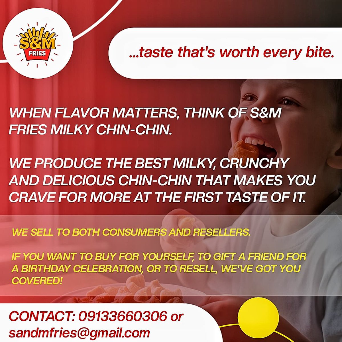 ohiweremarv4731's tweet image. To place your orders for our Milky chin-chin, you can get across to us through the details below: 👇 

+2349133660306

sandmfries@gmail.com 

Don't forget to like and follow our Facebook page at S&amp;amp;M Fries today!

#IlorinBusiness #MilkyChinChinLover #QuickFood #EntrepreneurLife