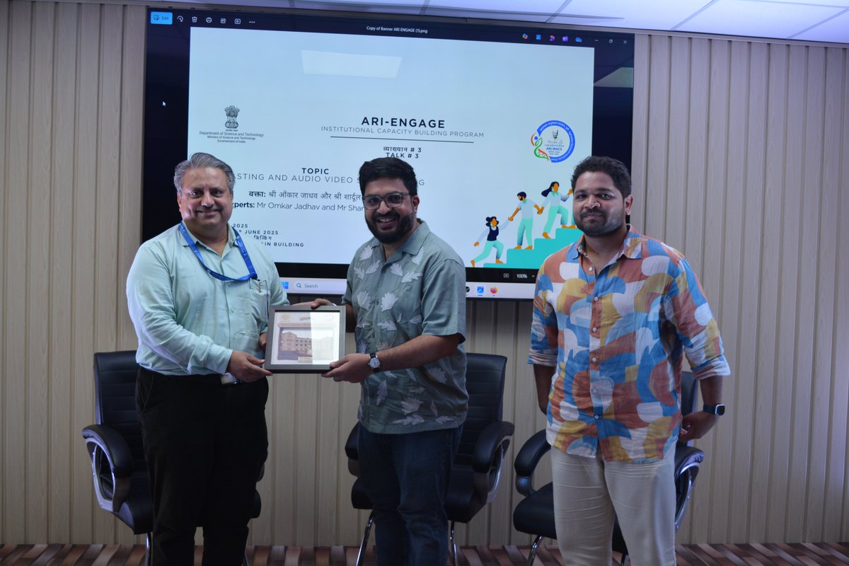ari_pune's tweet photo. Podcasting meets Science Communication!

On 18 June 2025, @ari_pune hosted an exciting ARI-ENGAGE Capacity-Building Workshop on Podcasting and Audio-Video Storytelling– a powerful blend of creativity, technology, and science outreach!

Experts - Mr. Omkar Jadhav & Mr. Shardul Kadam, co-founders of the acclaimed Amuk Tamuk Podcast Network (@amuk_tamuk), brought their signature energy and insights into the world of Marathi digital storytelling.

The session was conducted like a real podcast, moderated by Dr. Mandar Datar (@naigavkar), Scientist, ARI – giving participants a first-hand experience of the storytelling process.

@pkdhakephalkar, Director, ARI, delivered an inspiring keynote on the role of podcasts in regional languages for impactful communication in today’s dynamic landscape.

The interactive Q&A and enthusiastic participation made the session truly memorable – sparking ideas and igniting voices for science!