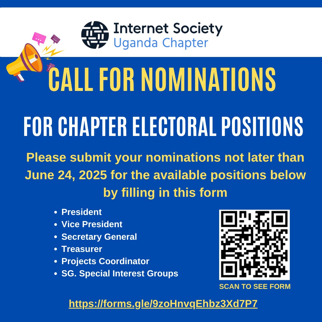 Nominations for Chapter Electoral Positions is now open. Individuals interested are encouraged to submit their expressions not later than June 24, 2025 here - forms.gle/9zoHnvqEhbz3Xd…. More details about the Chapter's election roadmap can be accessed here isoc.ug/index.php/2025…