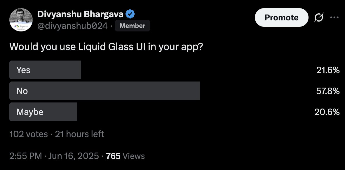 Wow.. This is interesting. So much hype for Liquid Glass UI, but very few devs want to integrate it into their apps.

Maybe it's better for <a href="/FlutterDev/">Flutter</a> to have Liquid UI as a separate package. 🤔
