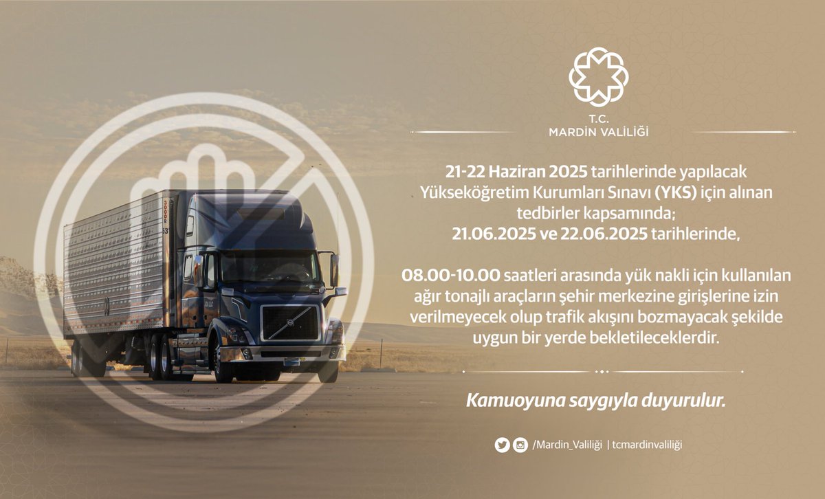 YKS dolayısıyla ağır tonajlı yük taşıyan araçlarla ilgili duyuru❗

21-22 Haziran 2025 tarihlerinde yapılacak Yükseköğretim Kurumları Sınavı (YKS) için alınan tedbirler kapsamında; 
📌 21.06.2025 ve 22.06.2025 tarihlerinde,
🕗 08.00-10.00 saatleri arasında yük nakli için