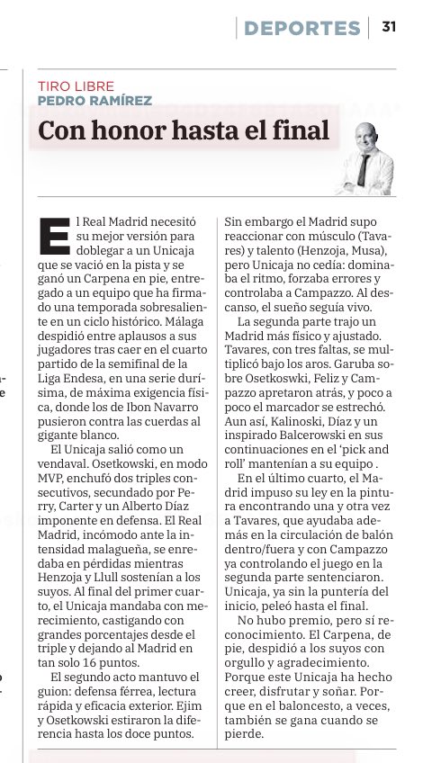 No hubo premio, pero sí reconocimiento. El Carpena, d pie, despidió a los suyos con orgullo y agradecimiento. Porque este <a href="/unicajaCB/">UnicajaCB</a> ha hecho creer y soñar. Porque en el baloncesto, a veces, también se gana cuando se pierde. Hoy en <a href="/SURDeporte/">SUR Deporte</a> EL UNICAJA, CON HONOR HASTA EL FINAL