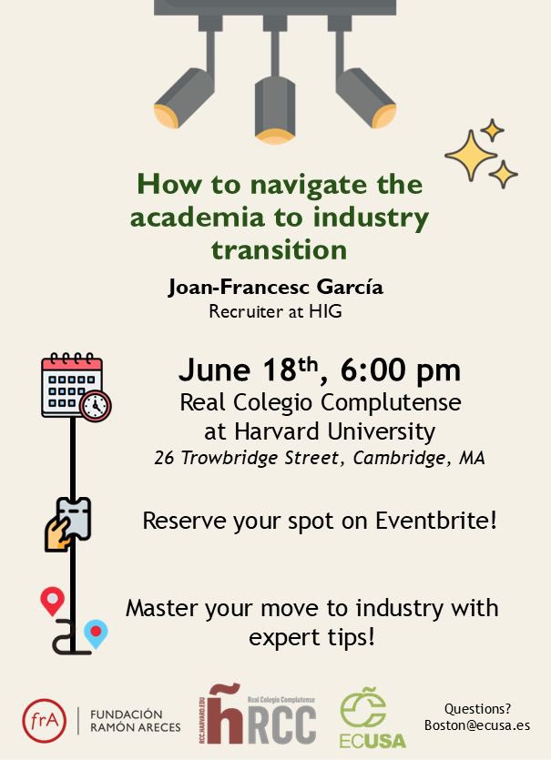 🚀 ¡Desde ECUSA te invitamos a nuestro próximo evento de desarrollo profesional!

🗓 18 de junio
📍 RCC de Harvard (y también por Zoom)
🕕 18:00 – Seminario
🕖 19:00 – Networking con comida y bebida

👉 En esta ocasión, contaremos con Joan-Francesc García, reclutador en HIG, para