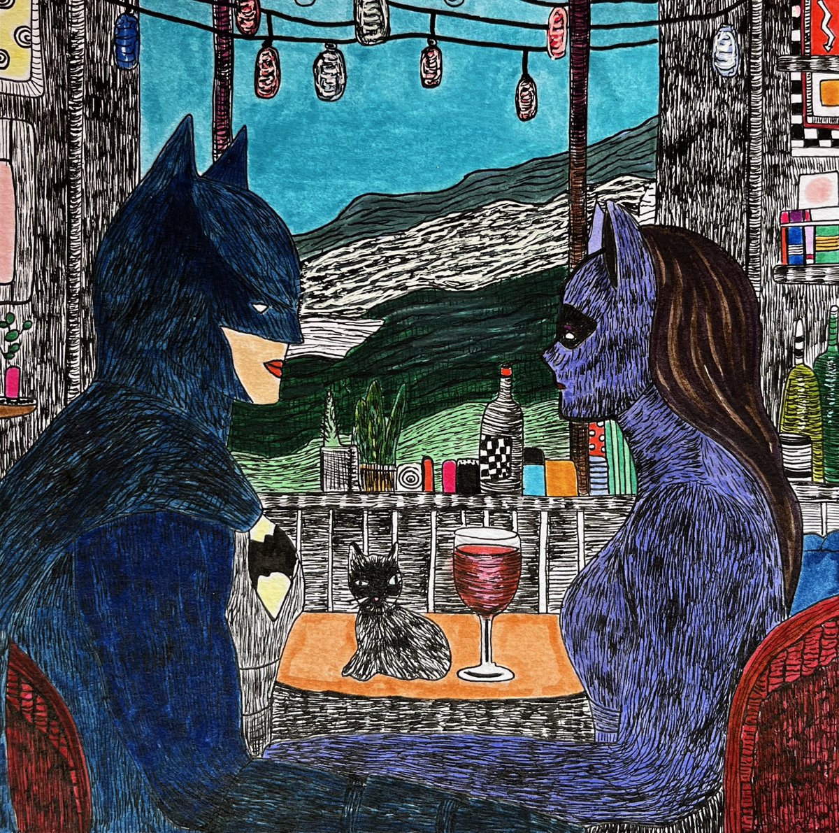Always exploring new styles, this time: 
“Late breakfast with Batmann” in a pattern-based look. 

I created the structures with a manga pen and added the colors underneath using water-based brush pens. 

Btw a late morning to everybody☕️🌻
