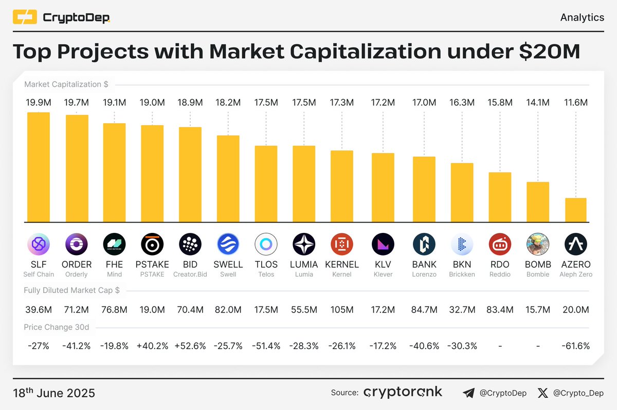 ⚡️ Top Projects with Market Capitalization under $20M
$SLF $ORDER $FHE $PSTAKE $BID $SWELL $TLOS $LUMIA $KERNEL $KLV $BANK $BKN $RDO $BOMB $AZERO