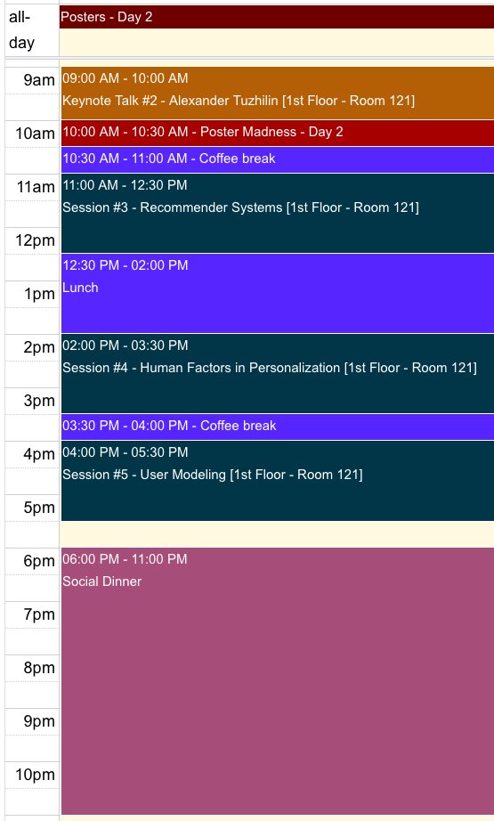 UMAPconf's tweet image. New day, same **amazing** #UMAP2025 program 😍
After the keynote speech by Alexander Tuzhilin, we'll feature the poster madness, then sessions on recommender systems, human factors in personalization, and user modeling 👩🏫
Sweet ending with the social dinner 🧑🍳