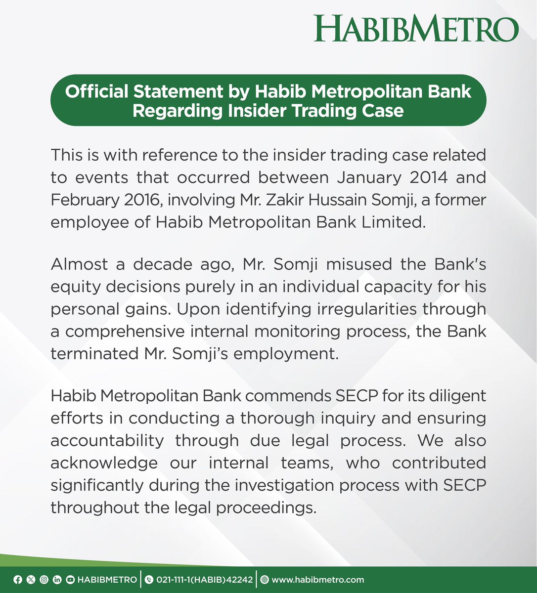 HMBPakistan's tweet photo. Official statement regarding insider trading case.

#HABIBMETRO #StayAhead https://t.co/8tBcnuNE6j