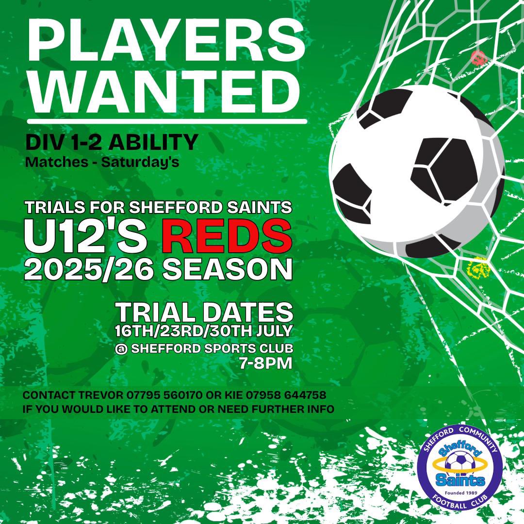 ⚽️ New Season incoming Shefford Saints (Reds) Under 12’s - 2025/6 Season We look forward to hearing from you ⚽️ Please also share this to give your child / Family member, Neighbour, Friend an exciting opportunity on Saturday’s to enjoy there journey in Football. We are Shefford