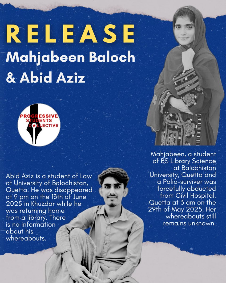 Recently, on the 13th of June 2025, Abid Aziz- a young law student at the University of Balochistan, was abducted from Ghulamani Chowk in Khuzdar, Balochistan- while oh his way home from the library.

(1/6)
#ReleaseAbidAziz #releasemahjabeenbaloch
#EndEnforcedDisappearances