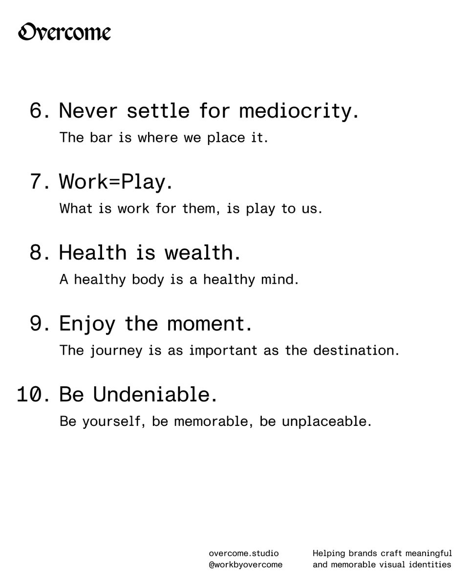 Michael Hindle (@michaeldsgns) on Twitter photo I wrote a code for <a href="/workbyovercome/">Overcome Studio</a>
This is not just a set of values for design, but for life.
Its a mishmash of years of reading, listening & learning. From self-help books to business books, podcasts, talks, 1-to-1 calls, being on the mats at Jiu Jitsu, running on the trails, I wrote a code for <a href="/workbyovercome/">Overcome Studio</a>
This is not just a set of values for design, but for life.
Its a mishmash of years of reading, listening & learning. From self-help books to business books, podcasts, talks, 1-to-1 calls, being on the mats at Jiu Jitsu, running on the trails,