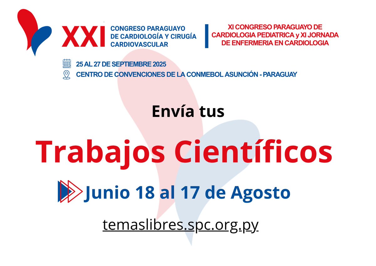 ➡️Envia tus Trabajos Científicos para presentar en el próximo XXI Congreso Paraguayo de Cardiología y Cirugía Cardiovascular y el XI Congreso Paraguayo de Cardiología Pediátrica 2025❤ 

📌Junio 18 al 17 de Agosto 

💻👉 temaslibres.spc.org.py 

#SPCyCC