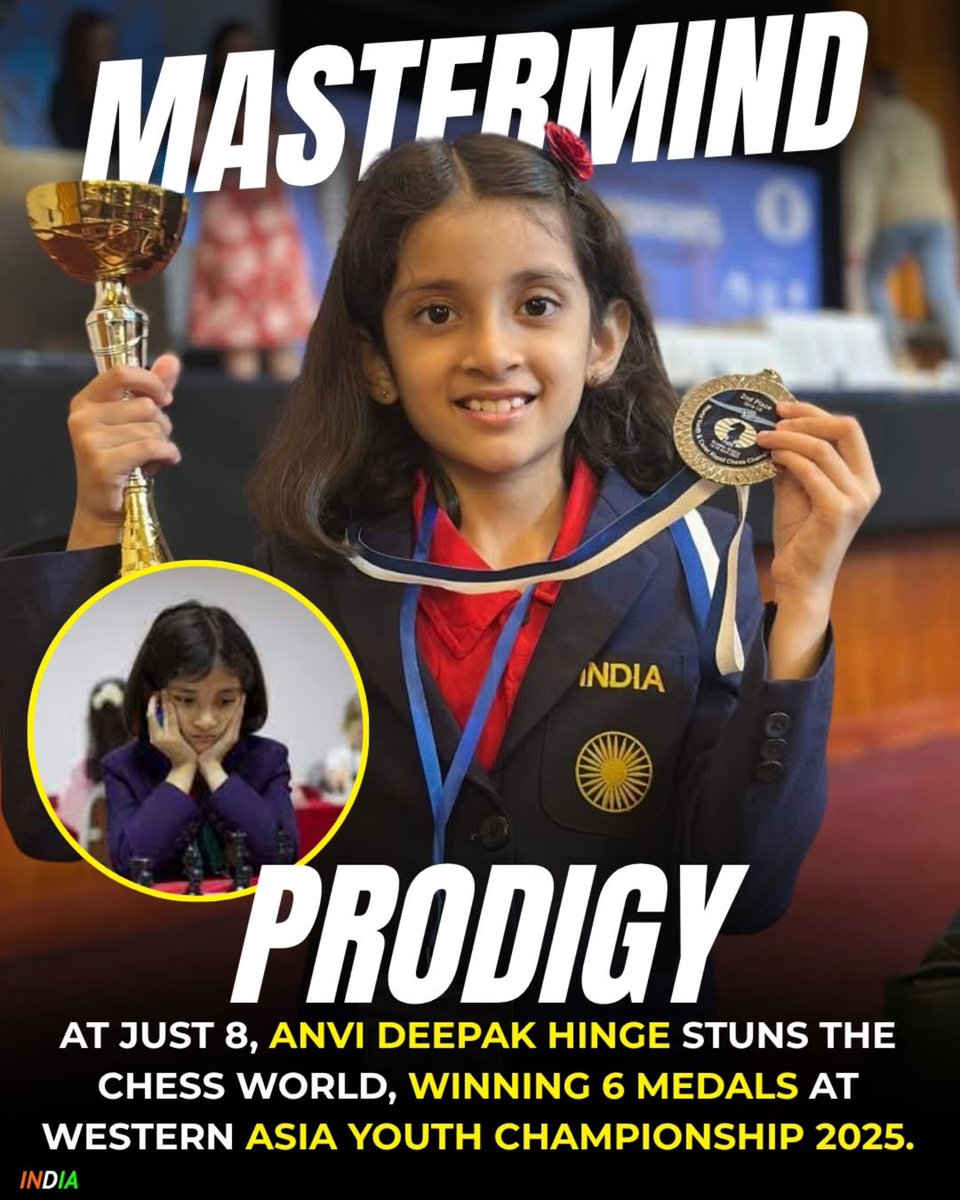 imsasports's tweet photo. India’s young chess prodigy shines bright! 
8-year-old Anvi Deepak Hinge bags 2 Gold 🥇 &amp; 4 Silver 🥈 at the Western Asian Youth Chess Championship 2025 in the U8 Girls category!
Her sharp moves and fearless play are winning hearts worldwide. 🧠
#ChessChampion #IMSA #YouthChess https://t.co/PsCnOvoHhY