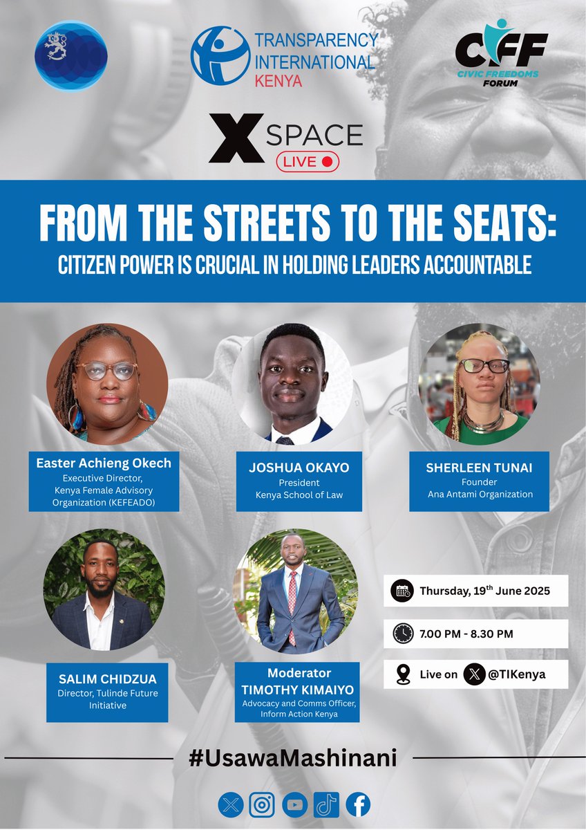 🔥 FROM THE STREETS TO THE SEATS! 🔥

Young Kenyans are rising, and YOU are part of the change.

Join <a href="/TIKenya/">TI-Kenya</a> and in co-host with <a href="/cff_kenya/">Civic Freedoms Forum - CFF</a> for an X Space this Thursday, June 19 | 7:00–8:30PM EAT

🎙️ Citizen Power is Crucial in Holding Leaders Accountable

✅ Civic education on