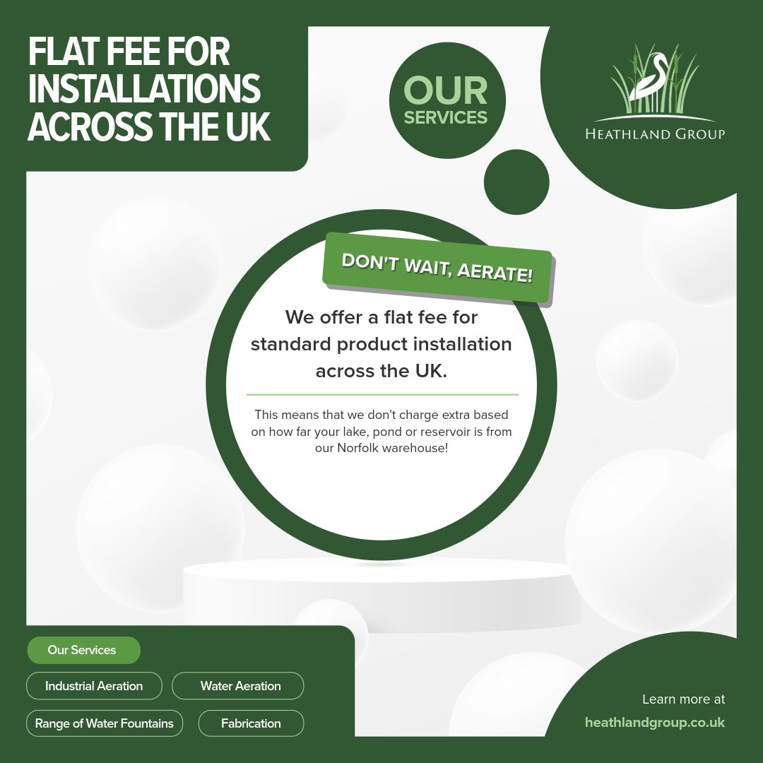 FLAT FEE for standard products installations across UK. Don't wait, aerate! #wateraeration #fountains #aerationinstallation