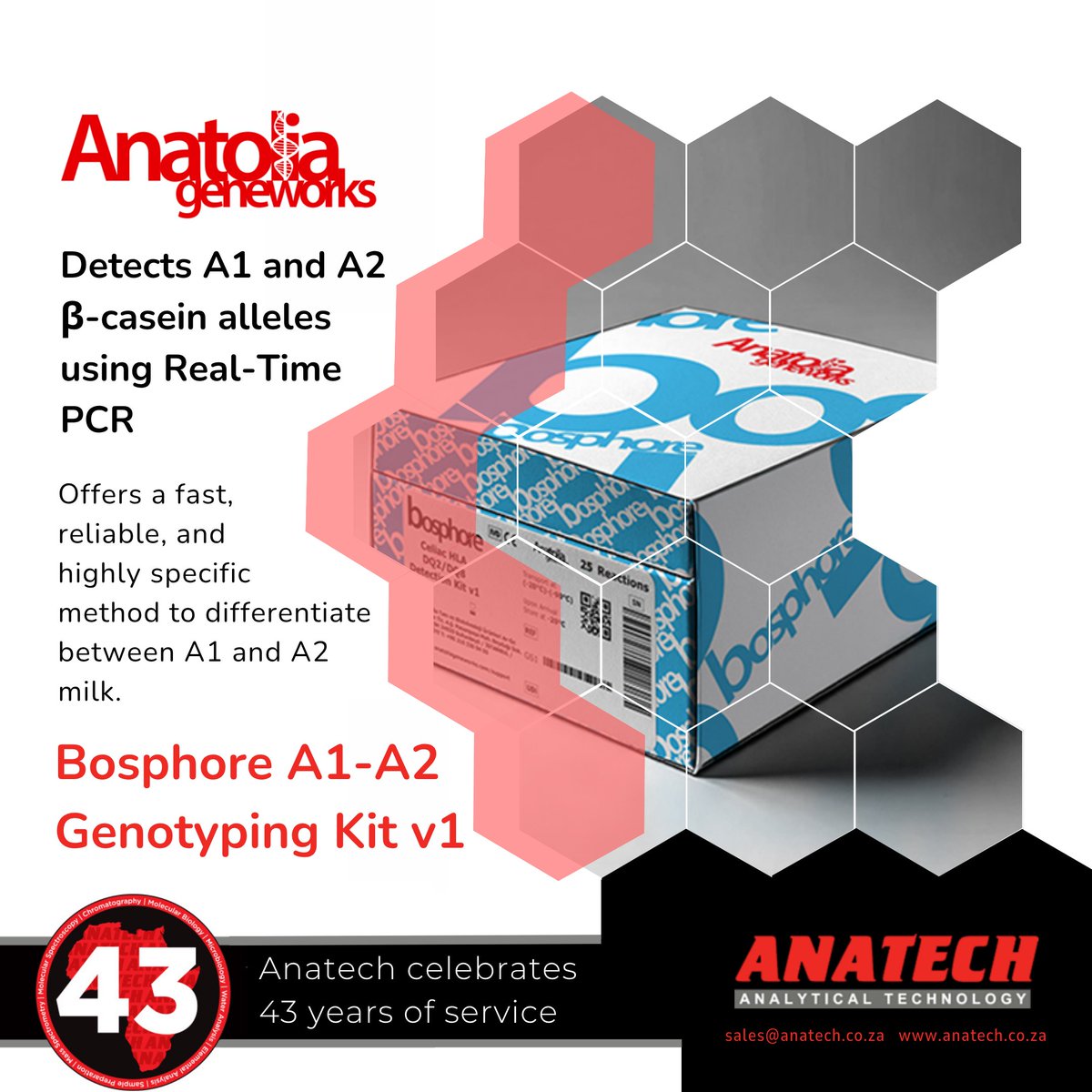 AnaTech17's tweet image. 🥛 Not all milk is the same! A1 &amp;amp; A2 β-casein impact digestion differently. 

Anatolia’s Bosphore A1-A2 Genotyping Kit v1 detects both variants with high accuracy — even in processed dairy. Fast, reliable Real-Time PCR. Now available via Anatech! 🔬

#A2Milk #Anatech #RealTimePCR